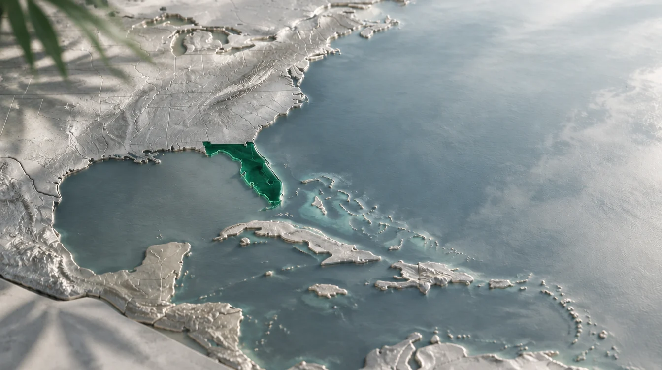 Florida eyaletini ABD ve Atlantik bağlamında gösteren gümüş ve yeşil kavramsal atlas